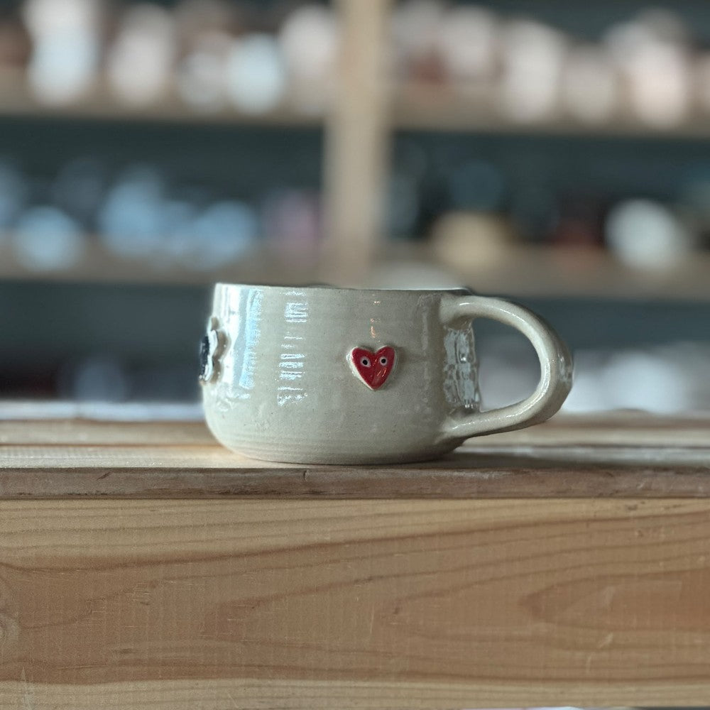 Mug with No-Face, Flowers & Heart - Beige